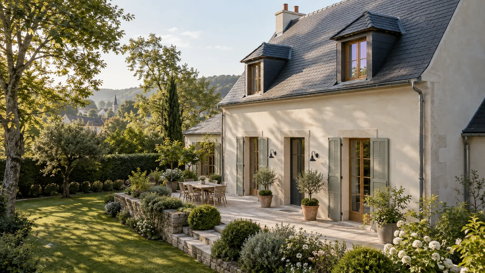 Maison rénovée avec couverture en ardoise et façade claire